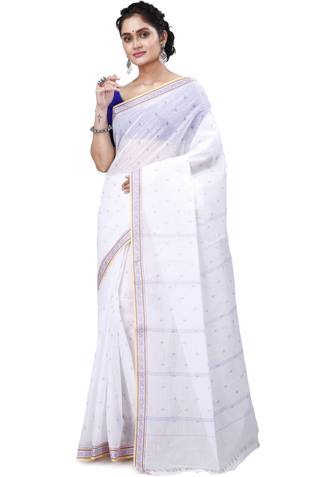 White Brown Pure Cotton Regina Tant Saree (986)